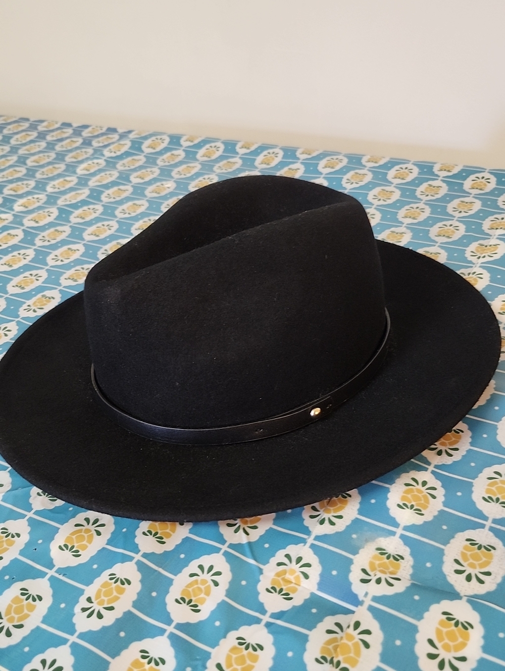 Free People Black Wool Fedora Hat Wide Flat Brim Boho Rancher OS Bohemian Black